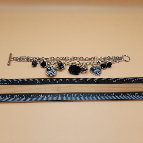 Silver Tone Charm Bracelet, Roses Zebra Heart Black Bead Rhinestone Toggle Clasp - Picture 8 of 10